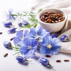 Obraz na płótnie Canvas Closeup of flax seed and flax blossoms on a white backdrop.Generative Ai.