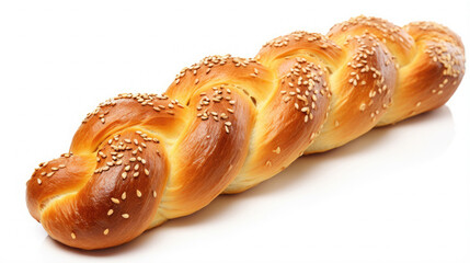 Homemade traditional wheat braided bread with sesame seeds isolated on white background created with Generative AI Technology
