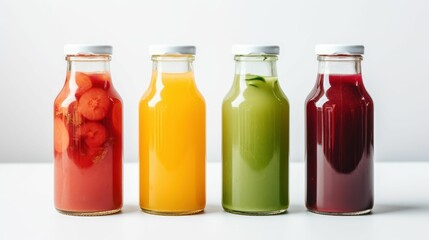 An AI illustration of a row of bottles containing fruits and vegetables of different colors