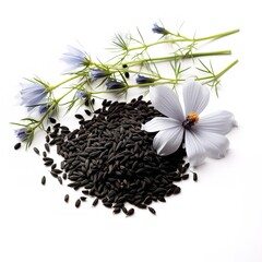 Flowering black cumin seed on white background. Generative Ai.