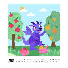 Dragon harvesting in an orchard. August. Summer time. Apple and pear orchard. Ripe apples and pears in the orchard, ready for harvest. Happy Chinese New Year 2024. Year of the Dragon Calendar.