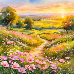 Obraz premium Landscape of a dirt road and a beautiful field of cosmos flowers at sunset.
