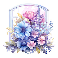 Blooming Flowers in a Watercolor Spring Window isolated on white background. generated by Ai.