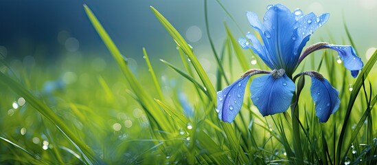Fototapeta na wymiar Gorgeous blue iris flower on green grass background