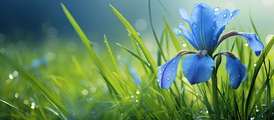 Poster Im Rahmen Gorgeous blue iris flower on green grass background © 2rogan