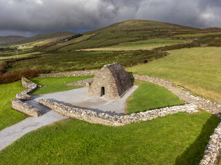 Gallarus Oratory aerial view (Séipéilín Ghallarais), early Christian church, Dingle Peninsula,...