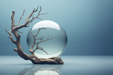 Dry tree, glass ball on ocean seascape. Product display surreal background with dry driftwood snag, branch. Empty space wallpaper