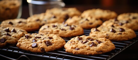 Horizontal view of a metal cooling rack holding freshly baked chocolate chip oatmeal cookies - Powered by Adobe