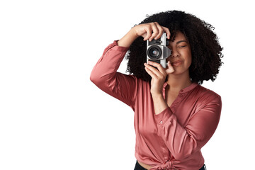 Isolated woman, photography and retro camera for media, news or content creator job by transparent png background. Paparazzi girl, photographer and lens for shooting newspaper, magazine or tabloid - obrazy, fototapety, plakaty