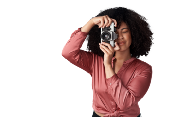 Isolated woman, photography and retro camera for media, news or content creator job by transparent png background. Paparazzi girl, photographer and lens for shooting newspaper, magazine or tabloid