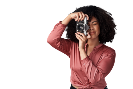 Isolated woman, photography and retro camera for media, news or content creator job by transparent png background. Paparazzi girl, photographer and lens for shooting newspaper, magazine or tabloid