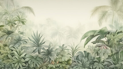 Retro mural photo wallpaper jungle and graceful leaves tropical forest vintage background graphics painting art card poster print interior - generative AI - obrazy, fototapety, plakaty