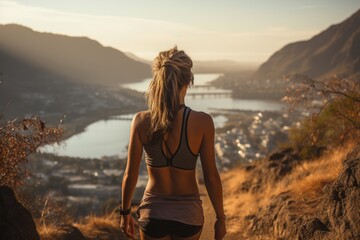 Determined jogger conquering a steep hill with a beautiful view, Generative AI - obrazy, fototapety, plakaty