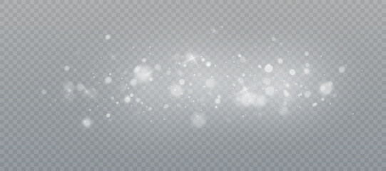 Bright bokeh of white dust. Christmas glowing bokeh and glitter overlay texture for your design on a transparent background. White particles abstract vector background.	