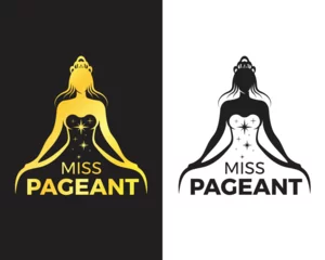 Fotobehang Miss pageant logo - Black and gold tone The beauty queen pageant wearing dress with stars texture and holding the skirt of the dress vector design © ananaline