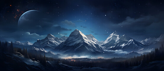 This is a night landscape in the mountains containing a night sky, moon, mountains and forests 1