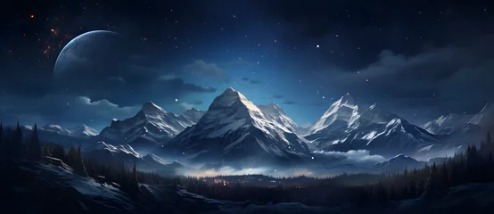 Foto op Canvas This is a night landscape in the mountains containing a night sky, moon, mountains and forests 1 © 文广 张