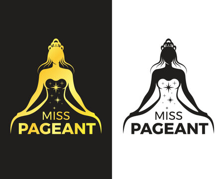 Miss pageant logo - Black and gold tone The beauty queen pageant wearing dress with stars texture and holding the skirt of the dress vector design