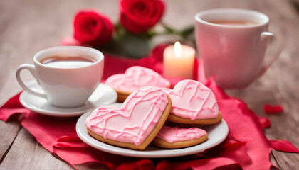 Fototapeta na wymiar Decorated heart shaped cookies on white plate and a cup of coffee