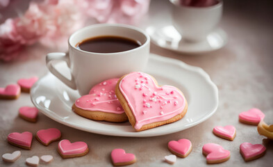 Obraz na płótnie Canvas Decorated heart shaped cookies on white plate and a cup of coffee