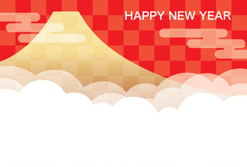 Vector New Year Card Template With Mt. Fuji, Clouds, And Text Space.