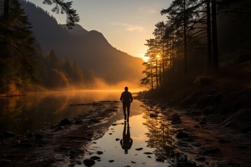  Jogger's reflection in a tranquil lake during an early morning jog, Generative AI 