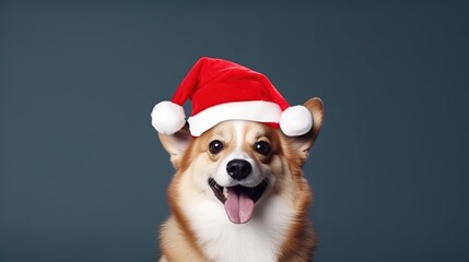 Cute White Dog with Christmas Hat Isolated on the Minimalist Background
