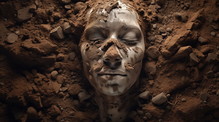 Mud-covered face amidst earthy rubble.