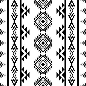 Ethnic southwest tribal Navajo ornamental seamless pattern fabric black and white design for textile printing