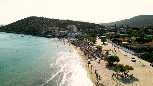 Drone shot of beautiful beach, turquoise water Psili Ammos Beach in Samos. 
