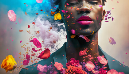 A Person, smoke and flying petals, LGBTQ+ concept