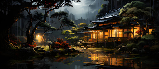 Ancient Chinese gardens in the forest at night contain buildings ponds bridges trees lights moon 8