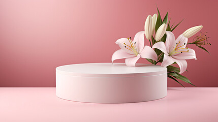 Obraz na płótnie Canvas Blank cylinder podium with lily flowers on pink background