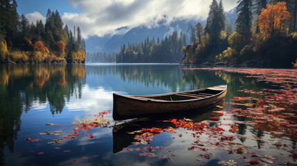 The wooden canoe boat is parked next to a lake with calm water and the reflection of the boat with beautiful landscape views such as mountains and pine forests created with Generative AI Technology - obrazy, fototapety, plakaty