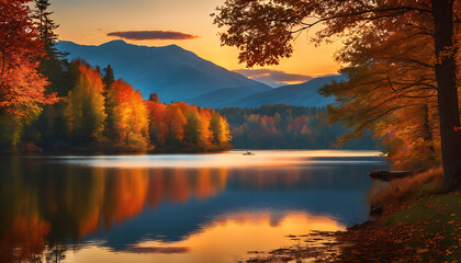 serene lake at sunset, surrounded by trees with vibrant autumn foliage, creating a picturesque scene of natural beauty and tranquility