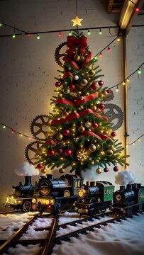 Steampunk Christmas Tree. Generative AI. Video of images of an animated video of morphing Christmas tree with steampunk ornaments.