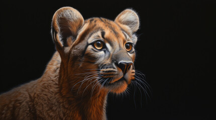 Face portrait of a predatory mountain lion cougar puma in the nature wildlife on a dark background created with Generative AI Technology