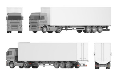 Mock-up of a truck with a semi-trailer on a white background for vehicle branding, corporate identity. Side view, front view, back view and top view. 3d. Front, back and 45 degree angle view.