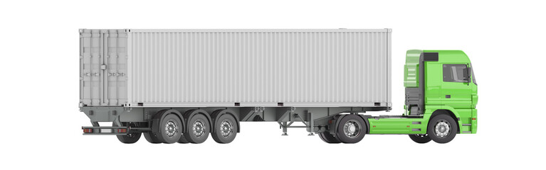 A green truck with a trailer on which a sea container is located. 3d illustration. Orthographic view. Isolated on a white background.