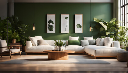 Fototapeta na wymiar vibrant living room with a white couch, wooden furniture, a green wall, plants, and ample natural light