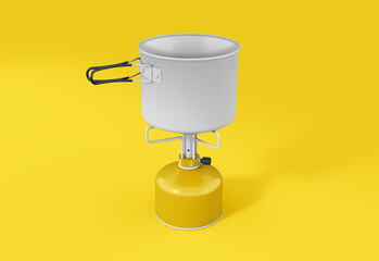 Tourist gas cylinder with a burner and dishes. Minimal style with copy space. 3d illustration.