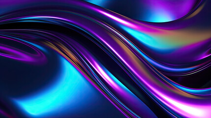 Abstract 3D light glow holographic liquid curve metal foil rainbow light purple dark reflection background