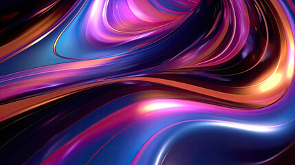 Abstract 3D light glow holographic liquid curve metal foil rainbow light purple dark reflection background created with Generative AI Technology