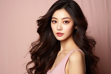Fototapeta premium Beautiful young Asian woman with clean fresh skin on a pink background.
