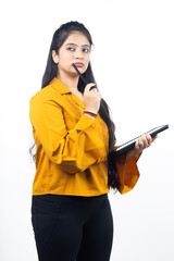 Young Indian, asian business woman, collage girl, student, confident female entrepreneur holding tablet wearing professional outfit dress isolated on white background