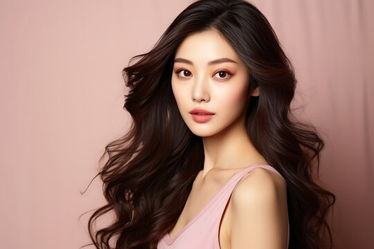 Beautiful young Asian woman with clean fresh skin on a pink background.