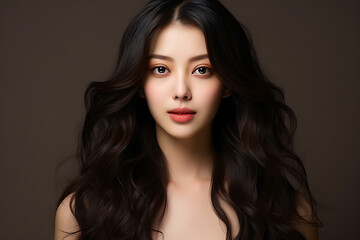 Fototapeta premium Beautiful young Asian woman with clean fresh skin on dark background, Face care, Facial treatment, Cosmetology, beauty and spa, Asian women portrait.