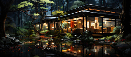 Fototapeta na wymiar Ancient Chinese gardens in the forest at night contain buildings ponds bridges trees lights moon 16