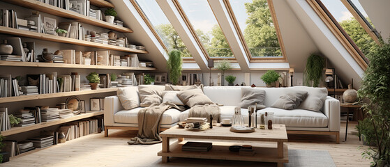 Fototapeta na wymiar Attic Living Room with Skylights: Scandinavian Inspiration