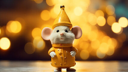 Miniature Christmas Cartoon Yellow Mouse King Toy with Neon Minimalistic Art in Centered Shot